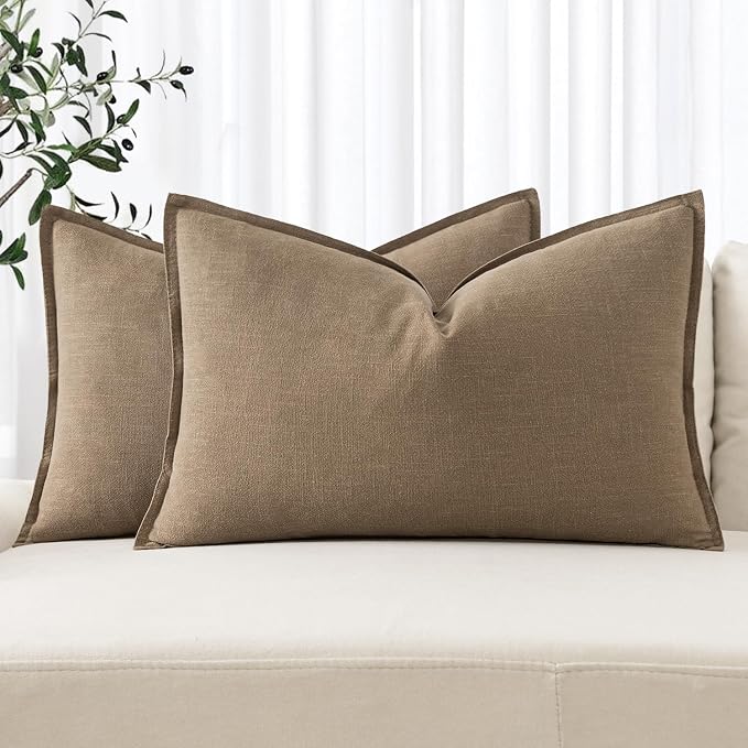 MIULEE Decorative Linen Lumbar Pillow Covers 12x20 Inch Khaki | Boho Farmhouse Fall Autumn Couch Throw Pillows for Bed, Pack of 2 Accent Modern Pillowcases, Sofa Livingroom Home Decor