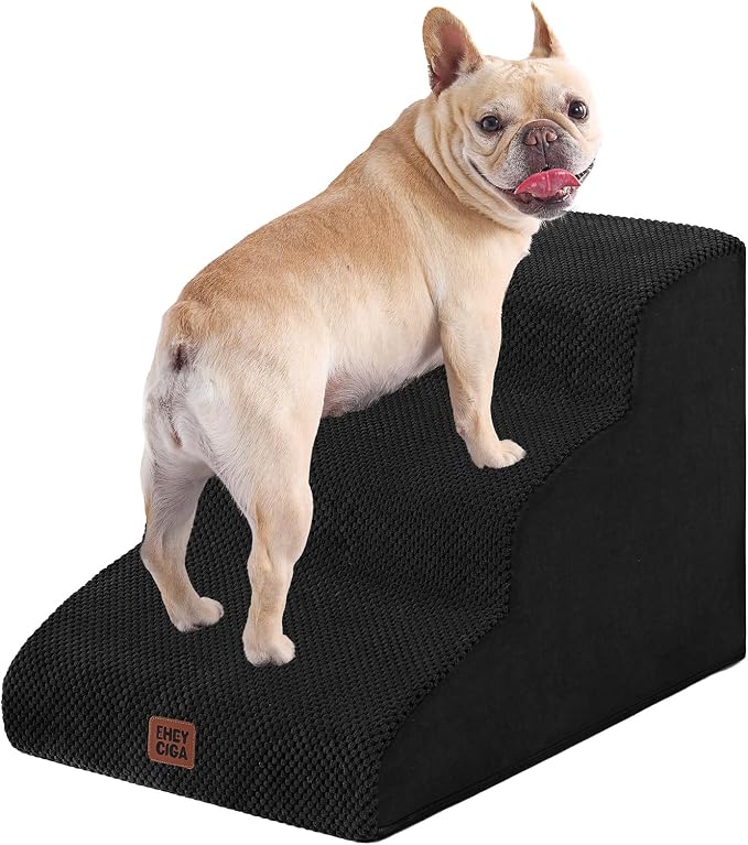 EHEYCIGA Curved Dog Stairs Ramp, 3-Step Dog Steps, 15.7" H Pet Step | 33D density of pure foam, for Small Dogs and Cats, Pet Stairs for High Bed Climbing, Non-Slip Balanced Indoor, Black
