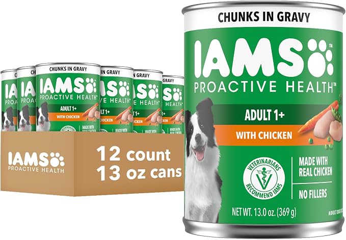 IAMS Proactive Health Chunks in Gravy Wet Dog Food, Chicken, 13 oz, 12 Pack | Real chicken, Omega 6 fatty acids,100% complete & balanced, no artificial flavors or soy, canned adult dog food