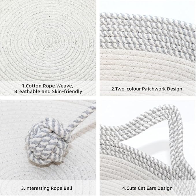 Cat Bed, Cotton Rope Instinct Basket for Cats, Handwoven Cat Beds | Stimuli Handwoven Basket for Cat, Pet Sleeping Bed with Rope Ball, Puppies, Rabbits and Small Pets(Medium, Gray & White)