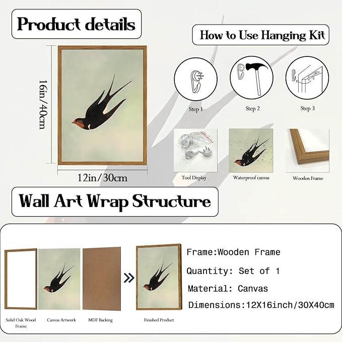 Framed Vintage Bird Wall Art, Sage Green Flying Swallow Pictures Wall Decor, Minimalist Japandi Nature Paintings Canvas Prints Modern Home Decor for Living Room Bedroom Bathroom Office 12x16 Inch