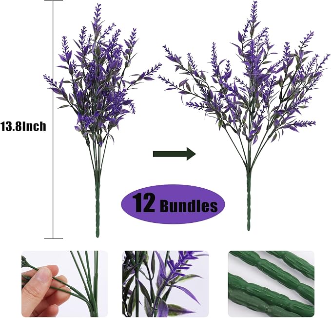 RECUTMS Artificial Plants Outdoor Artificial Lavender Flowers Shrubs 12 Pcs | Outdoor UV Resistant Fake Purple Flowers No Fade Faux Plastic Plants Garden Porch Window Box Decor,Spring Decoration for Home