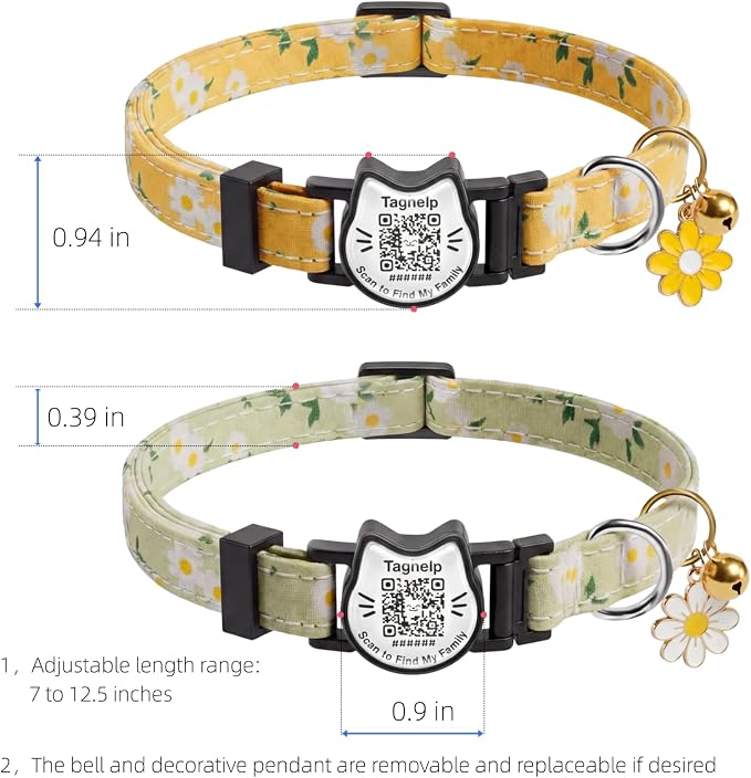 Breakaway Cat Collar with QR Code Tag and Bell (Yellow & Green, Pastoral Style)