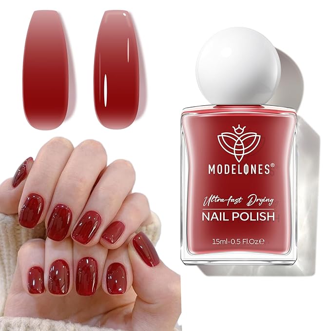 modelones Jelly Red Nail Polish, Valentines Sheer Dark Red Clear Semi-Transparent 15 ml Quick Dry Nail Lacquer Strengthener Long Last Finger Toe Nail Art DIY Manicure Gift for Women Girls