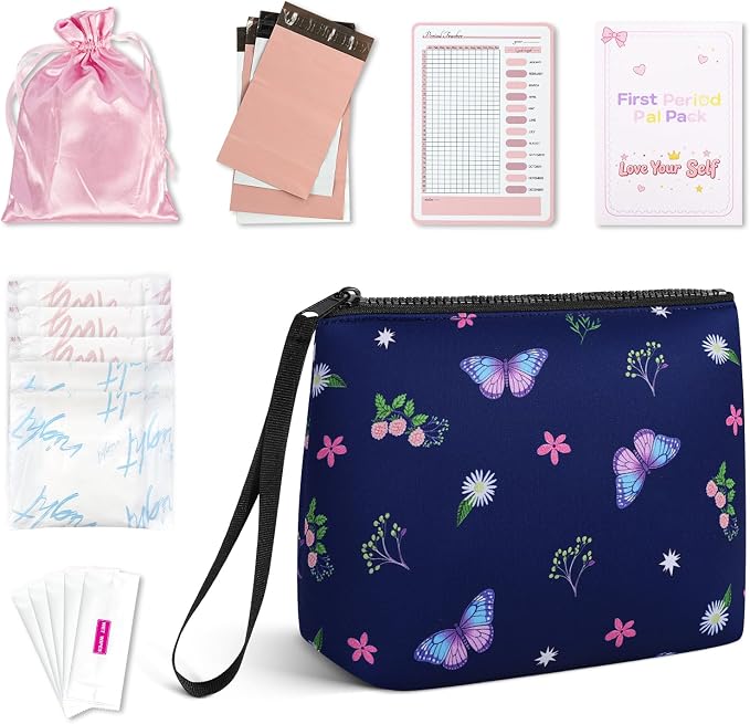 First Period Kit for Girls, Neoprene Sanitary Napkin Storage Bag, Menstrual Pad Bag Tampon Holder for Purse, First Period Gifts for 9-12 (Butterfly)