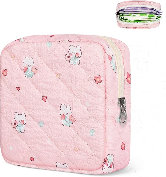 Likesing Quilted Period Bag, Period Pouches for Teen Girls Womens, Portable Floral Print Sanitary Napkin Storage Bag Feminine Emergency Tampon Pad Pouch(Pink Rabbit)