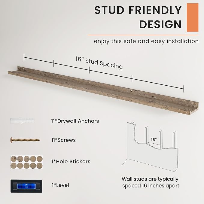 Picture Ledge Shelf, Long Floating Shelves for Wall, 72" W Set of 2, Grey | FSC Certified Engineered Wood, Wall Mounted Bookshelf, for Nursery Living Room Bedroom, Easy Install