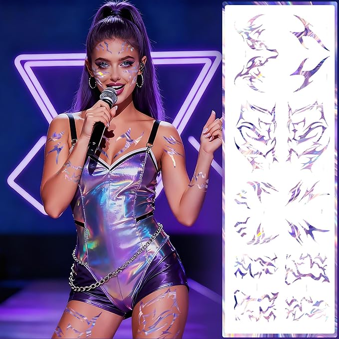 12 Sheets Cosplay Holographic Temporary Tattoos，Dance Fake Tattoos Stickers for Cosplay, Halloween, Music Festival, Dance Party Makeup, Fantasy Creature Design, Fantasy Theme Costume Accessories