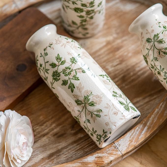Teweiqi Vintage Vase Set of 3, Ceramic Flower Vases Chinoiserie Decor, Rustic Farmhouse Vases Retro Decorative Vases, for Home Living Room Kitchen Table Mantle Shelf Decor - Green and White