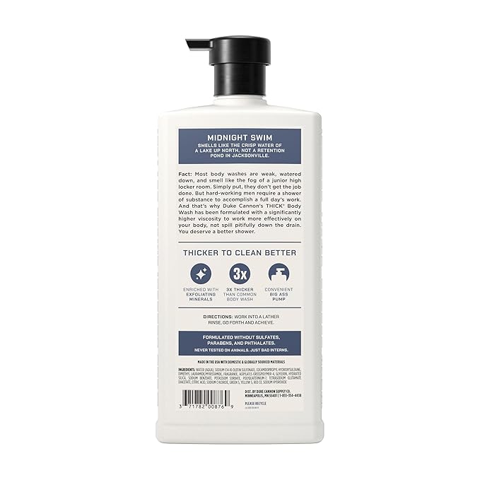 Duke Cannon THICK Body Wash for Men, Midnight Swim, Deep Cleansing & Hydrating Shower Gel, Long-Lasting Fresh Scent, 30 oz