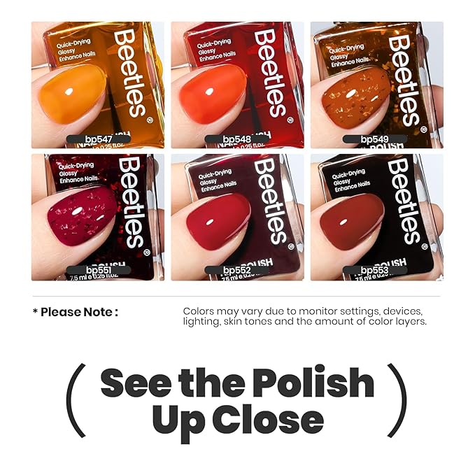 Beetles Spring Nail Polish Set - Golden Harvest 6 Colors Quick Drying Long-Lasting Burgundy Red Brown Jelly Glitter Spring Nail Polish for DIY At-Home Manicure Spring Gift for Women
