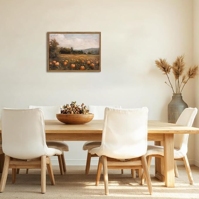 Framed Vintage Pumpkin Wall Art, Farmhouse Pumpkin Field Pictures Wall Decor, Rustic Harvest Landscape Paintings Canvas Prints Country Fall Home Decor for Living Room Kitchen 16×24 inch