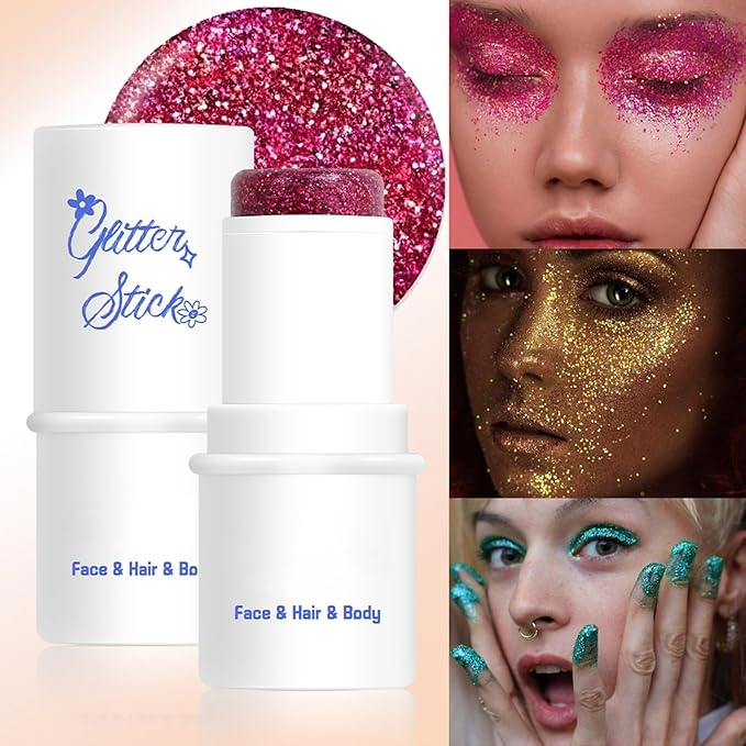 2 Colors Body Glitter Stick Chunky Glitter Gel for Face Body Hair Sparkling Holographic Mermaid Sequins Paint Multiuse Makeup Glitter Gel Red and Blue（2PCS）