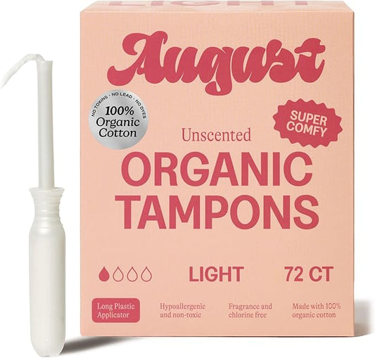 August Light Tampons - Easy-Glide Long Applicators - 72-Pack 100% Organic Cotton Tampons for Women, Non-Toxic, Fragrance-Free, and Hypoallergenic (3 Boxes of 24)