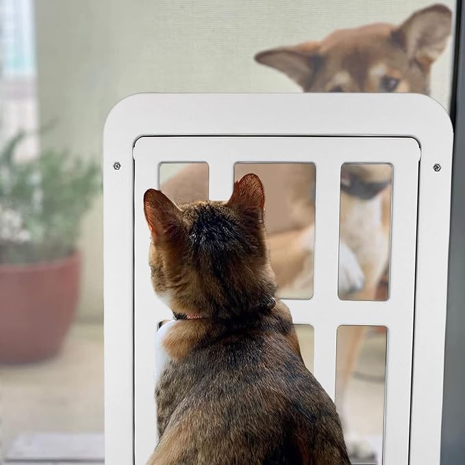 LESYPET Dog Screen Door, Inside Flap 14.4 x 11.2 Inches, Magnetic Self Closing, Dog Door for Screen Doors Sliding Doors, Flap Lockable, White