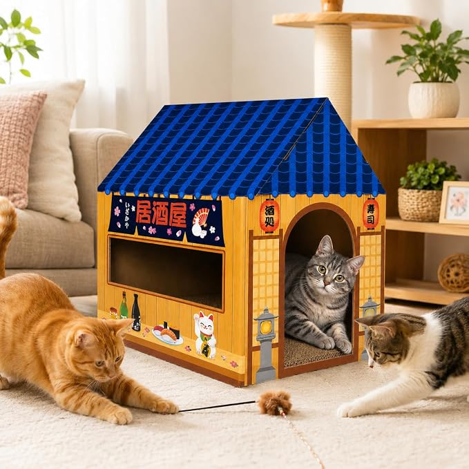 Cinrobiye Cardboard Cat House with Scratcher Izakaya Bar Pet Board Bed Cave Playhouse Hideaway Hideout Condo Decor Small Animals Scratch Box for Indoor Cats Kittens Rabbits Bunny