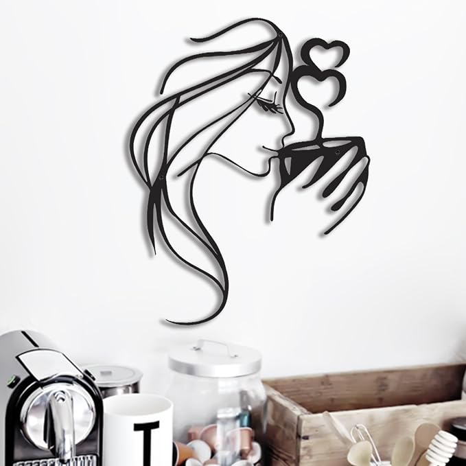 Coffee Metal Wall Art, 3D Woman Drinking Sculpture for Kitchen Decor, Black | Charming 3D black metal sculpture of a woman sipping coffee, perfect coffee-themed accent for kitchens or breakfast nooks