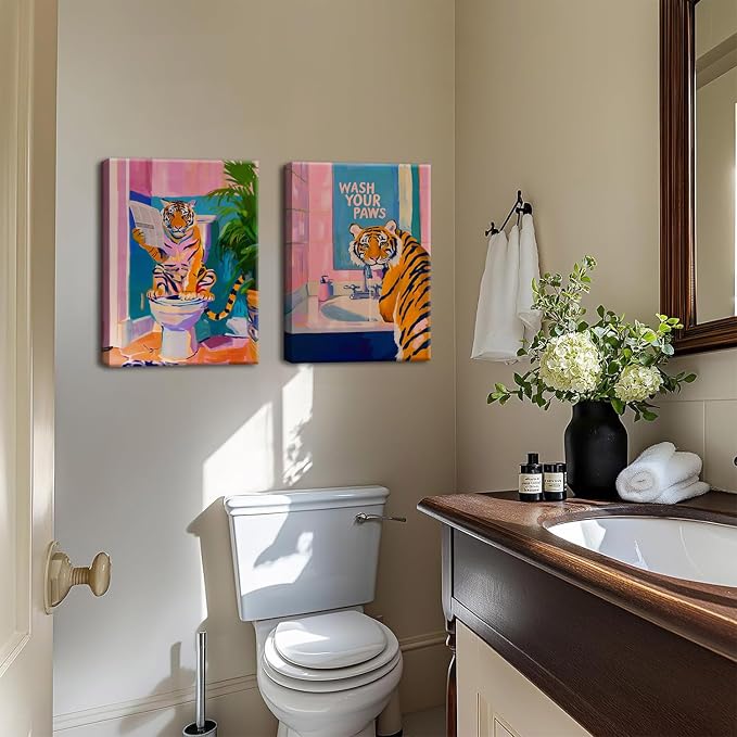 Funny Tiger Bathroom Wall Art Set of 3 Whimsical Tiger in Bathtub Canvas Wall Decor Painting Maximalist Animal Bathroom Poster Print Aesthetic 12x16 inch Framed