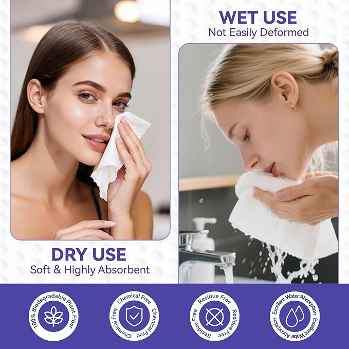 Disposable Face Towels, 10"×12" XL Face Towelette Disposable, Soft Makeup Remover Dry Wipes, Thick Facial Tissue for Women Cleansing, Skin Care, 50 Count (2 Pack)