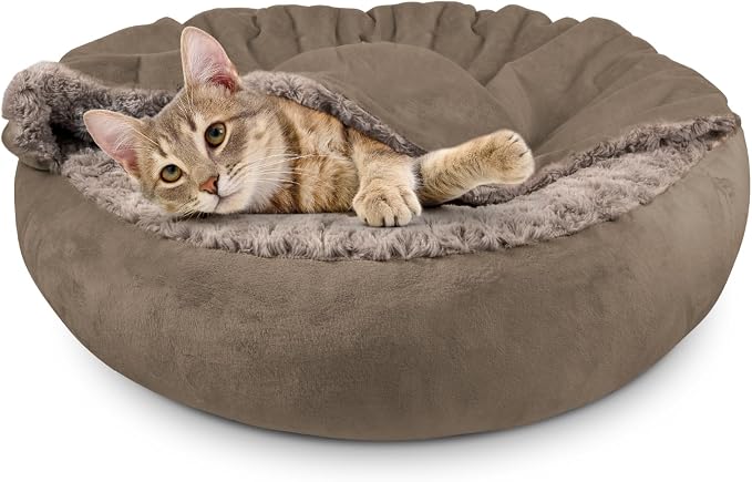 JOEJOY Small Dog Bed Cat Bed with Hooded Blanket, Cozy Cuddler Luxury Puppy Pet Bed, Donut Round Calming Anti-Anxiety Dog Burrow Cave Bed - Anti-Slip Bottom and Machine Washable 23 inch