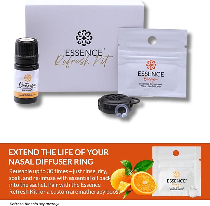 Essence Wearable Aromatherapy Nasal Diffuser – Orange Essential Oil Nose Ring Silicone Inhaler for Stress & Mood Support - Made in USA & Travel-Friendly (3 Pack)