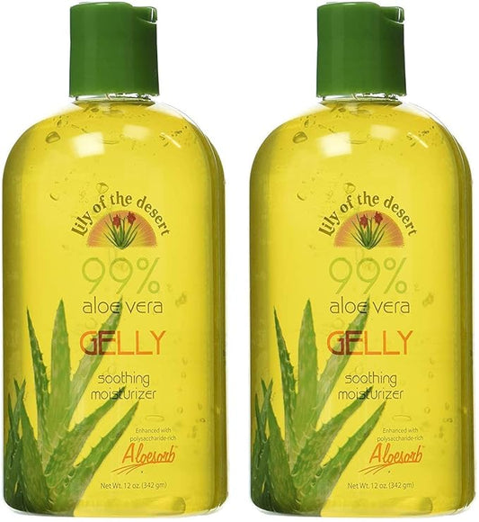 Lily Of The Desert Gelly Moisturizer - 99% Organic Aloe Vera Gel for Skin, After Sun Care with Aloe, Vitamin E Oil, and Vitamin C for Sunburn Relief, 12 Fl Oz (Pack of 2)