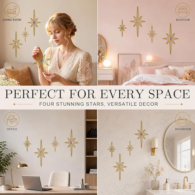 sxnzequnze 4 Pcs Star Wall Art for Home Decor Living Room Bedroom Office Metal 3D,Bling,with Hanging Hook Starburst Midcentury Sculpture Retro Gallery Accent Celestial -Gold 16.5in/9.4in