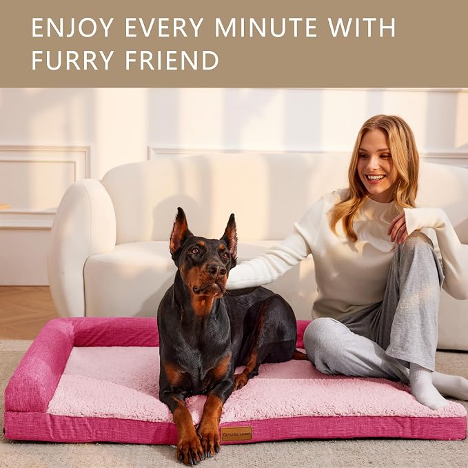 Patas Lague Orthopedic Large Dog Bed Washable Pet Sofa Bed 48''X30''Pink | 2-Sided Bolster Egg-Crate Foam Dog Couch Large Sized Dogs, Waterproof Removable Washable Cover, Nonskid Bottom Pet Crate Mat