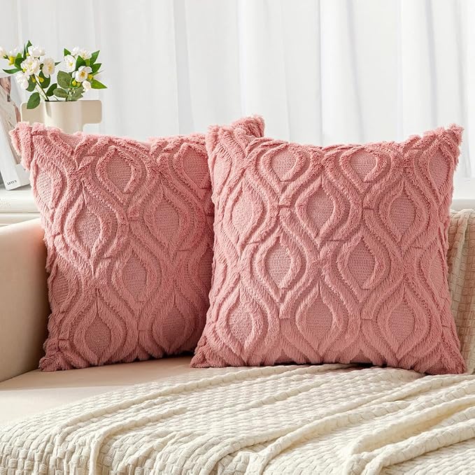 MIULEE Coral Red Soft Plush Faux Wool Throw Pillow Covers 18x18 | Set of 2, Farmhouse Boho Home Decor, Decorative Cushion Covers for Sofa, Living Room, Bed