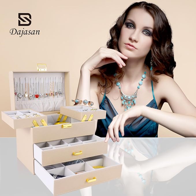 Jewelry Organizer Box, Large Jewelry Boxes for Women Girls, Space-Saving 4 Layers Jewelry Storage Case with Drawer, Movable Metal Stand, Modern, Gift Idea (Champagne + Gold)
