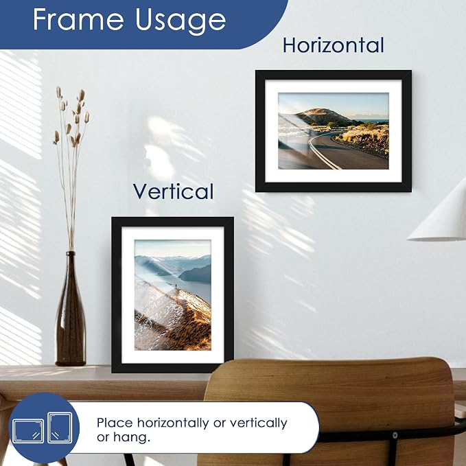 6x8 Picture Frame Set of 6, Wall or Tabletop Display, Black | Display 5x7 with Mat or 6x8 Without Mat, Horizontal or Vertical, Gallery Wall Frame Set for Wedding & Room & Home Decor