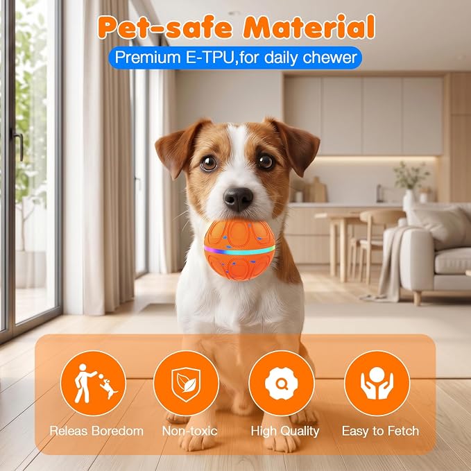 Interactive Dog Toys Ball – Automatic 3-Modes Active Rolling Balls (Orange) | Moving bouncing & rotating dog toy ball with colorful lights. Solid E-TPU material, IPX7 waterproof for medium & large dogs