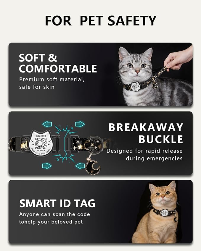 QR Code Pet ID Cat Collar - Breakaway Safety Kitten Collar with Glow in The Dark & Bell, Cute Moons Stars Adjustable Collar for Cats, Online Profile for Medical Info, Contact & Lost Pet Recovery(Blue)