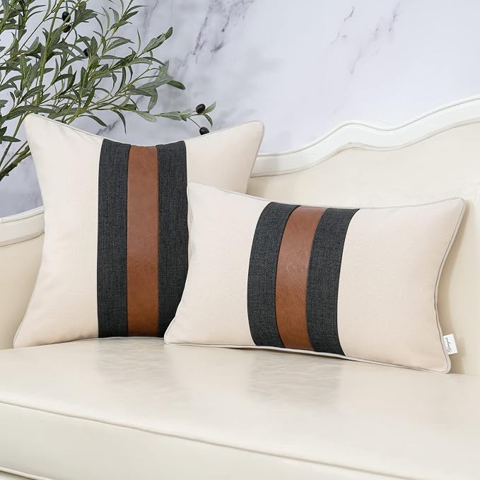 Patchwork Pillow Cover 18x18 Inch Luxury Cotton and Linen Cushion Cover Faux Leather Pillowcover for Couch Bedroom Living Room, White