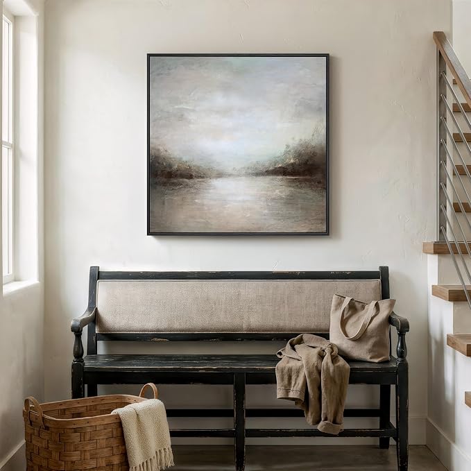 Framed Neutral Abstract Lake Landscape Canvas Wall Art Decor, 30x30 In | Neutral, Canvas prints, Abstract lake landscape, Modern pictures, Rustic square, Living room, Bedroom, Dining room wall decor