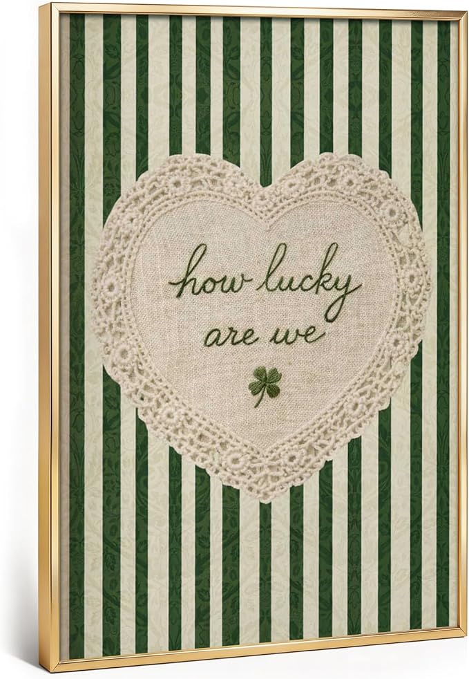 Gold Framed How Lucky Are We Wall Art Vintage Inspirational Quotes Decor | Green Striped Lace Heart Aesthetic Painting Poster Trendy Preppy Canvas Picture for Bedroom Collage Ready to Hang 16x24in