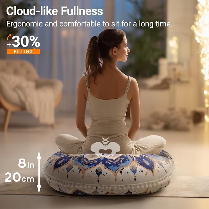 Meditation Cushion Set of 2, Round Floor Pillow Seating for Adults, Bohemian Mandala Yoga Cushion, 32" Extra Thick Memory Foam Removable Washable Cover, Ideal Gift Holiday Decor, Brown