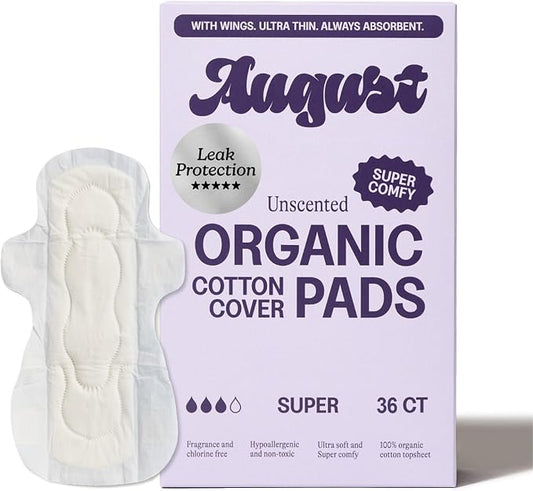 August Super Cotton Menstrual Pads, 36-Pack Ultra Thin Pads with Wings, Hypoallergenic Sanitary Napkins with Organic Cotton Topsheet, Compostable Wrappers, Toxin Free, Fragrance Free