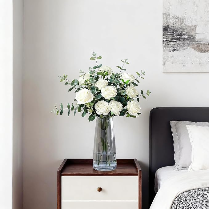 Modern Glass Flower Vase for Home Decor Table Centerpiece, 8.3inch H, Gray | Glass Vases for a Dozen of Flowers, Floral Arrangement,Minimalist Vase for Dinner Table Mantel Entryway Shelf Reception Decor