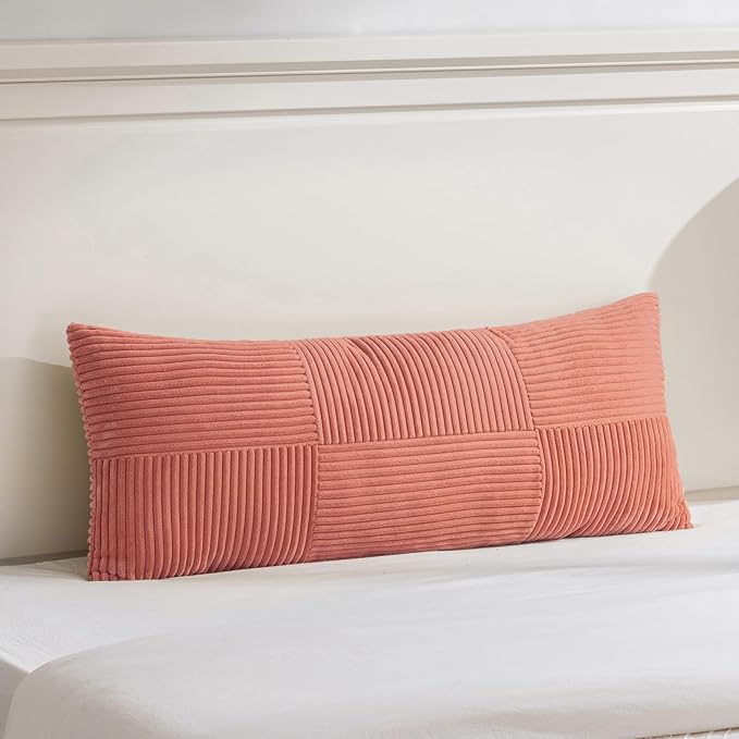 Fancy Homi Set of 1 Coral Boho Long Lumbar Body Decorative Throw Pillow Cover 21x54 Inch for Bed Couch Bedroom Bench, Soft Patchwork Corduroy Textured Pillow Case, Rustic Farmhouse Room Decor