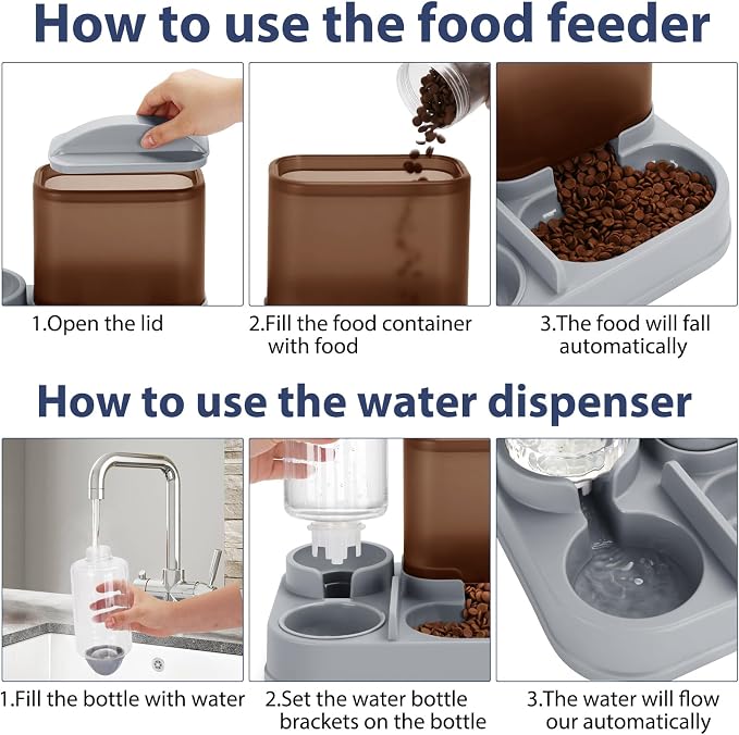Yummy Sam Automatic Small Pet Feeder and Water Dispenser, 2 in 1 Gravity Cat Auto Pet Feeder and Waterer Set Feeder Dish for Small Medium Pets Dog Puppy Kitten (Brown·)