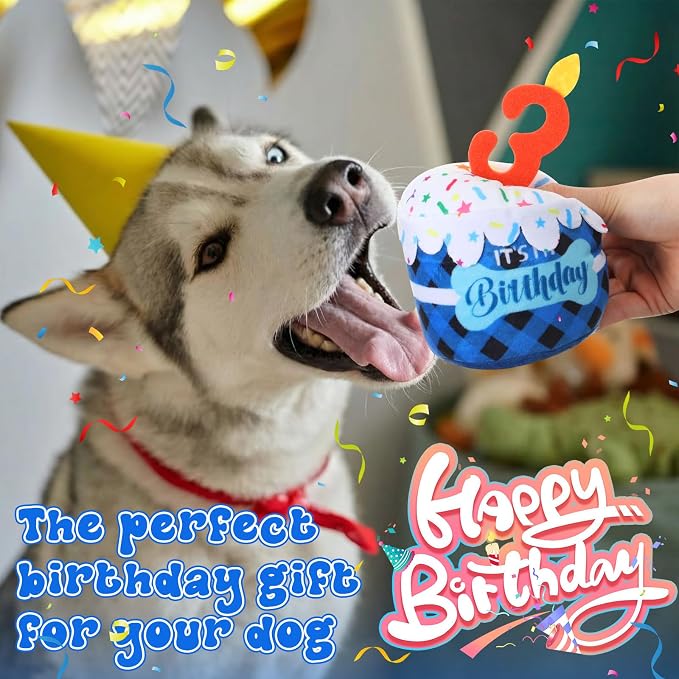 Dansydaisy Dog Birthday Cake Toy Squeaky Plush Gift,3rd,Blue Grid