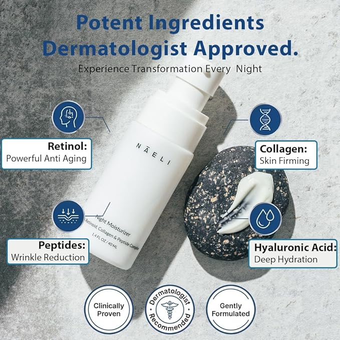 Retinoid Cream - 4.25% Retinol Night Moisturizer for Face & Neck with Collagen, Peptides & Hyaluronic Acid - Anti Aging Wrinkle Cream, Improves Skin Tone & Texture, 1.4 oz