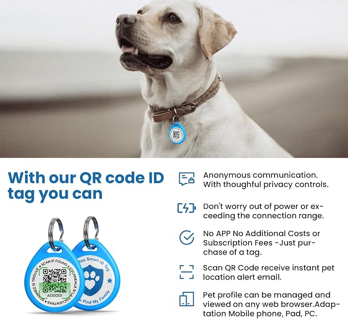 QR Code Dog Tags Personalized for Pets, Real-time Alerts, Blue