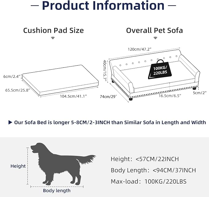 XL Dog Sofa Bed: Luxury Dutch Velvet Jumbo Pet Couch Furniture | Luxury Modern Indoor Dog Furniture, Elevated Wooden Frame Doggie Lounge Bed up to 132lbs, Replaceable Cover, Easy Clean