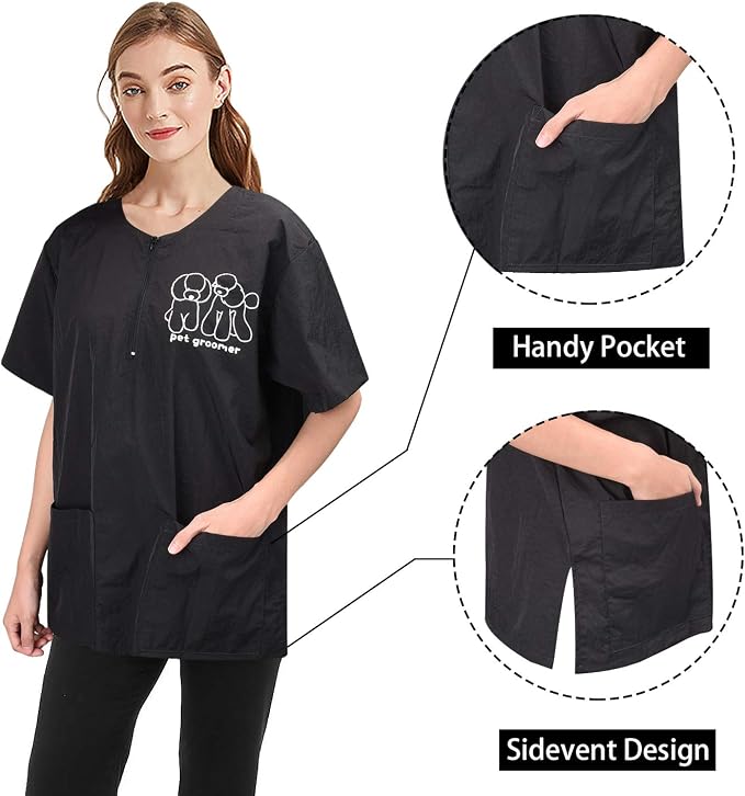 Noverlife Unisex Pet Grooming Smock & Pants, Splash Proof & Hair Repellent | Black, Anti-Static Dog Cat Grooming Workwear Clothes with Pockets, Hair Repellent Working Shirt & Trousers for Pet Groomer