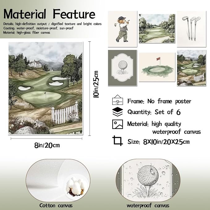 Mynotix Golf Nursery Canvas Poster Set of 6, Vintage Baby Boy Golf Sport Wall Art Teddy Bear Sage Green Kids Wall Decor Print for Living Room Bedroom Children's Room Unframed 8x10 inch