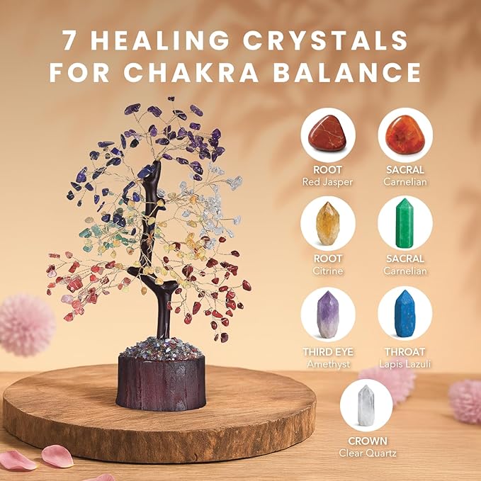 HOM Crystal Tree of Life with 7 Crystals & Healing Stones - Artificial Tree Home Decor with 7 Healing Crystals to Align 7 Chakras