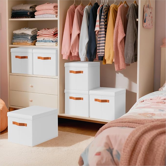 Storage Bins with Lids - Large Fabric Closet Bins with Lid, 6 Pack Clothes Organizers and Storage, Collapsible Stackable Cube Basket for Home, Office, Dorm, White