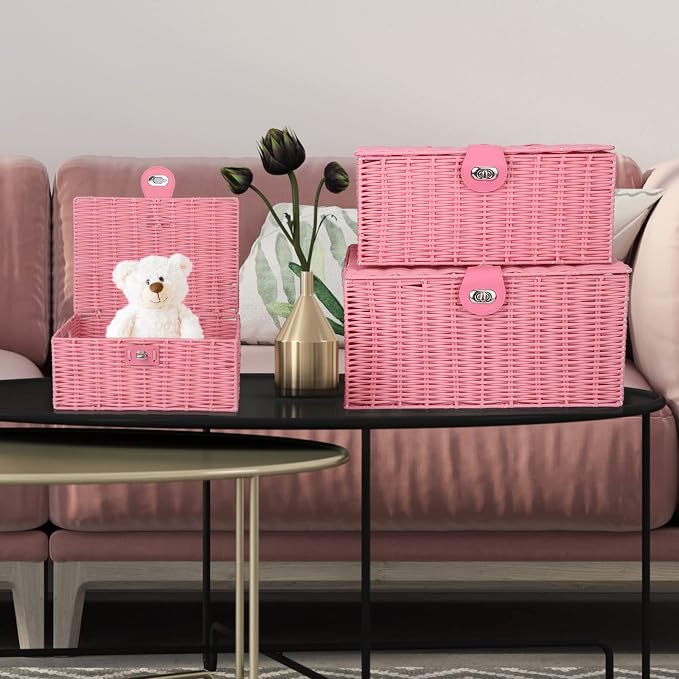 Honygebia Pink Wicker Storage Baskets - Set of 3 Decorative Nesting Boxes with Lids, Woven Basket with Lock & Handle, Organizer for Beauty Makeup Bathroom Decor
